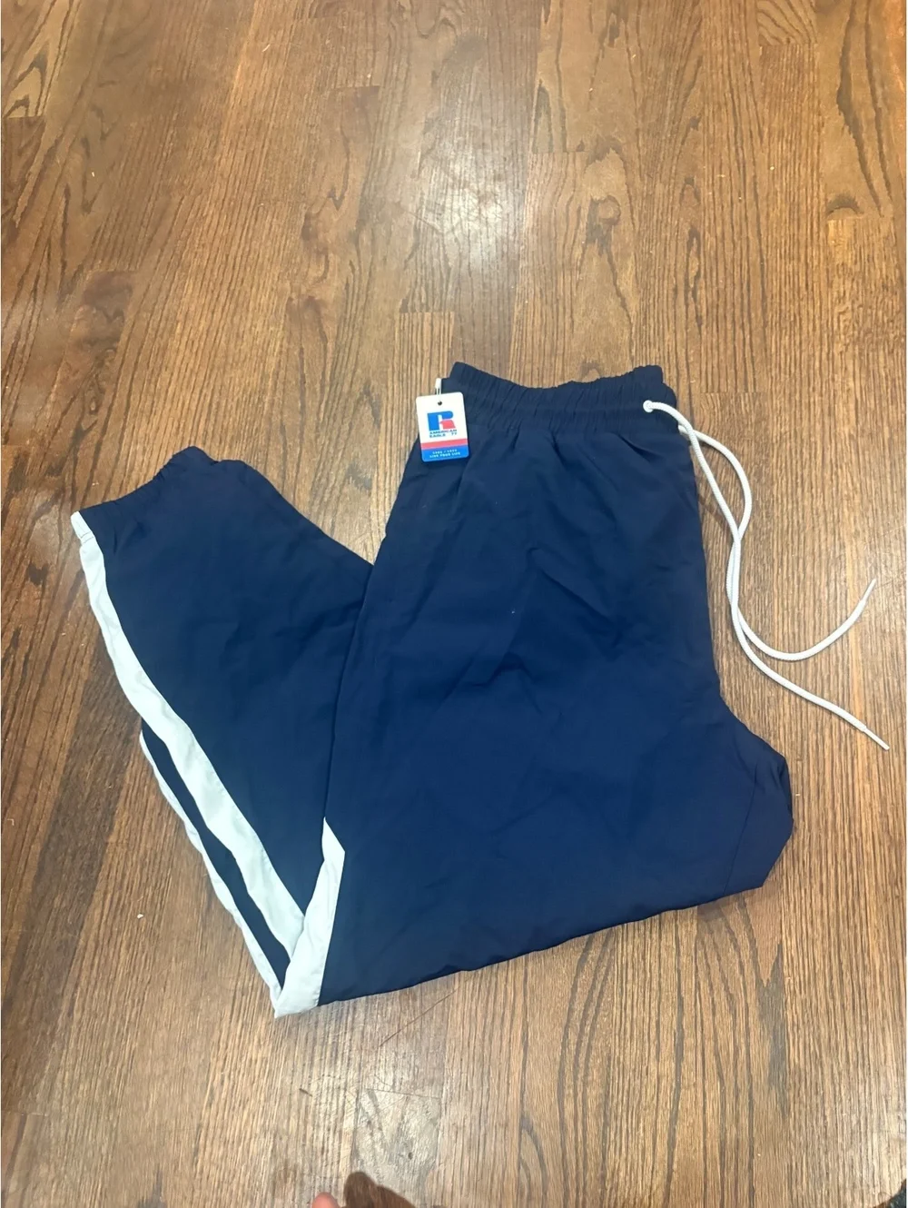 Vintage Russell Athletic Navy Blue Track Pants with White Side Stripe, Size M
